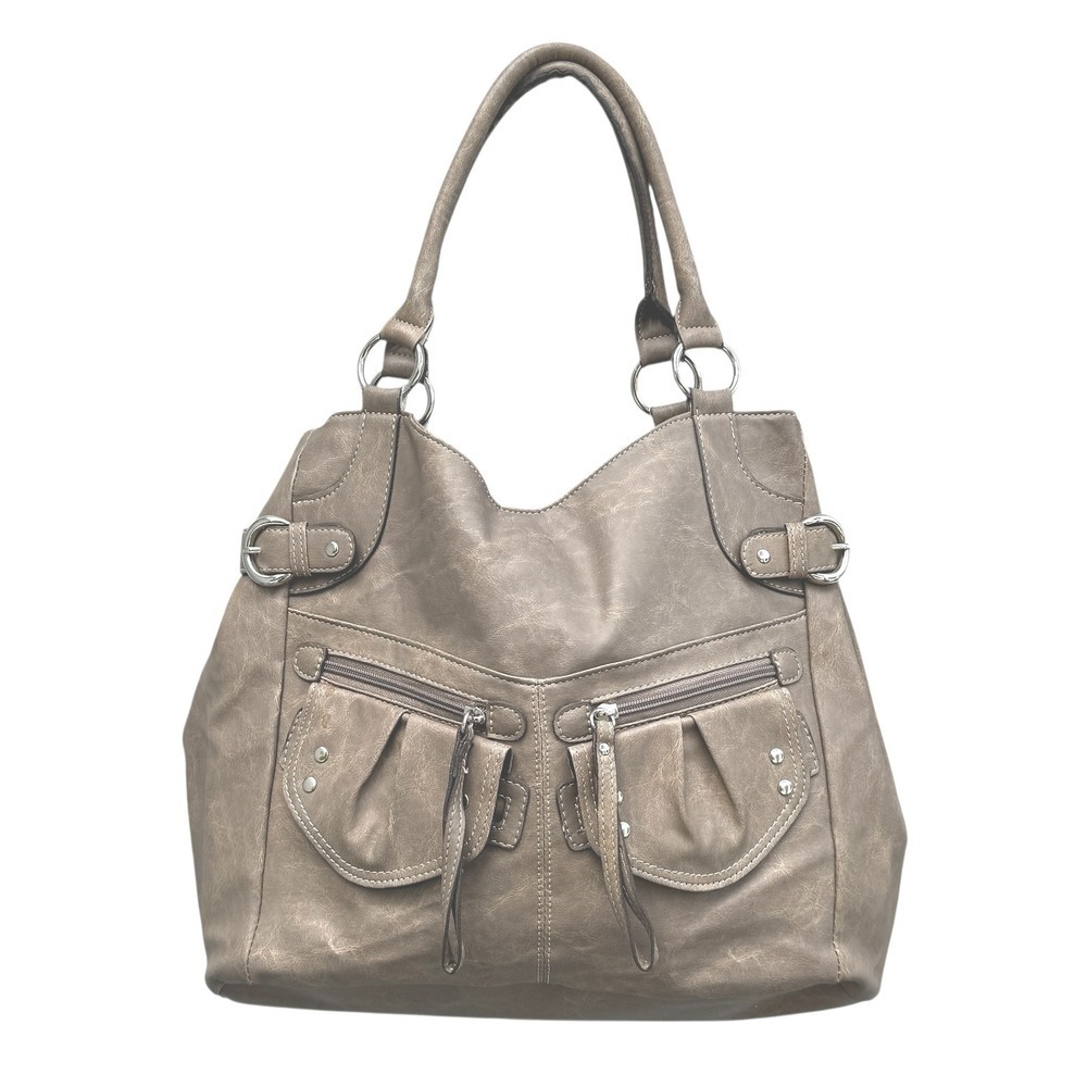 Taupe Shoulder Tote Satchel Bag with Dual Front Pockets